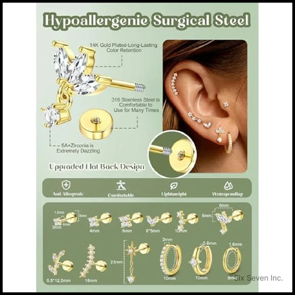 Hypoallergenic Surgical Steel Cartilage Earrings Flat Back Stud Hoop Set